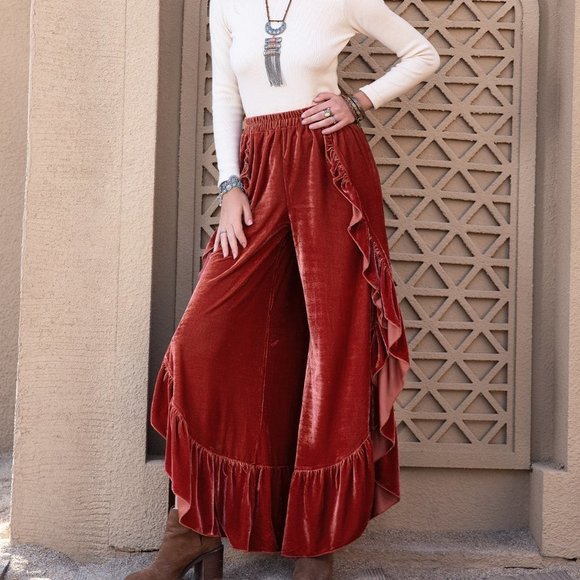 Burnt Orange Casual Womens Ruffle Trim Split Thigh Velvet Pants - Picture 5 of 5